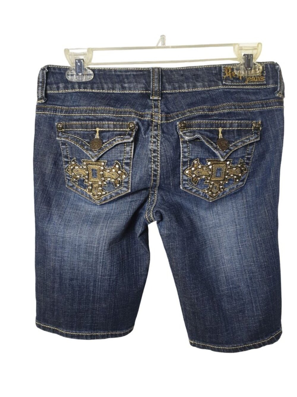 Request Jeans Juniors 5 Jorts Rhinestone Embellished Bermuda Shorts Gold 27" - Picture 2 of 8
